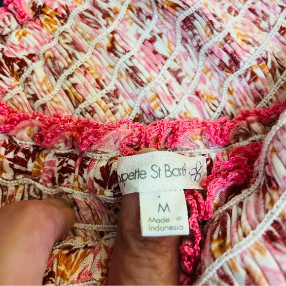 Poupette St Barth Soledad Smocked Midi Dress Pink Damask Floral Off Shoulder - Picture 13 of 16